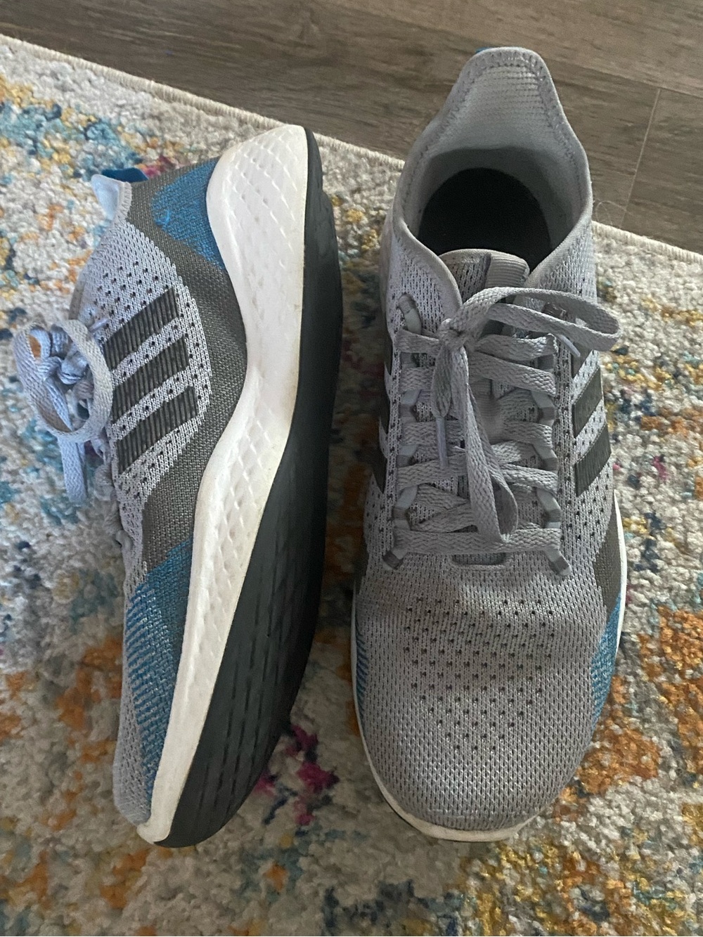 adidas Gray Knit Athletic Shoes with Blue Accents